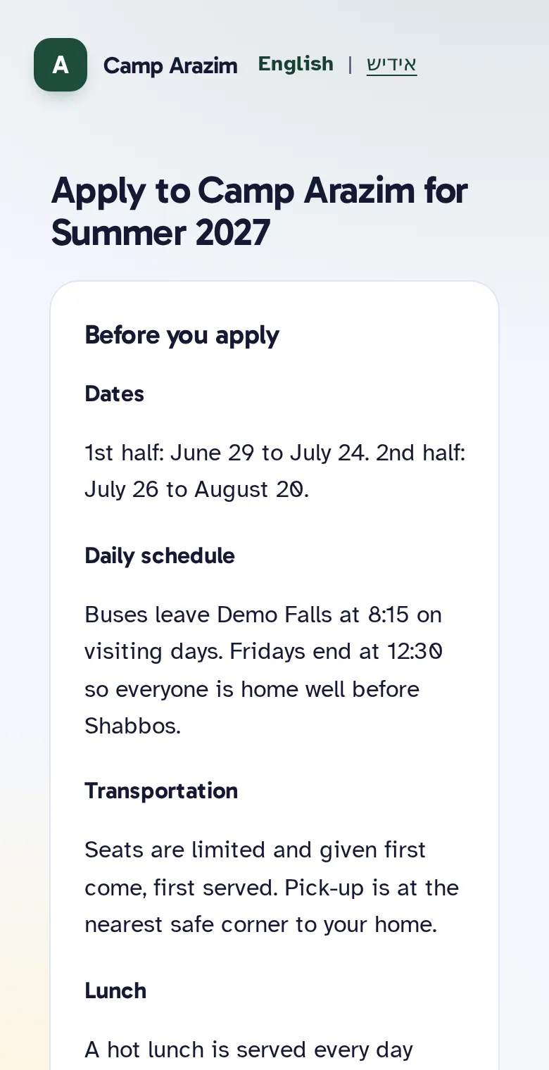 The camp's apply page on a phone, starting with what families should know before they apply: dates, the daily schedule and transportation.