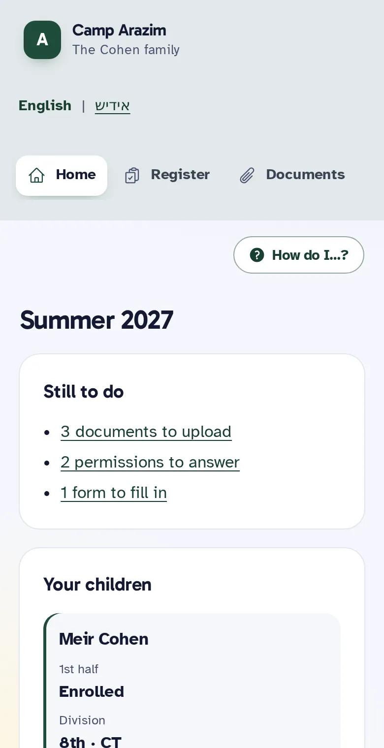A family's private page on a phone: what is still to do this summer (documents, permissions and a form) and each child's session, status and bunk.