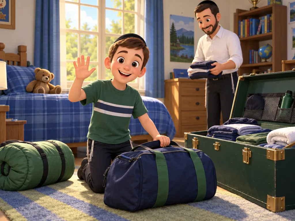 Packing day: a camper waves beside his duffel bag while his father folds clothes into the camp trunk.
