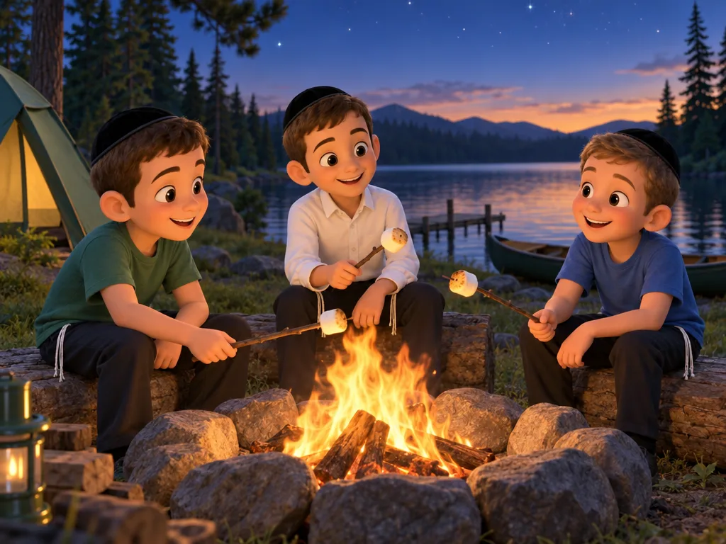 Three campers toasting marshmallows at the campfire by the lake at sunset.