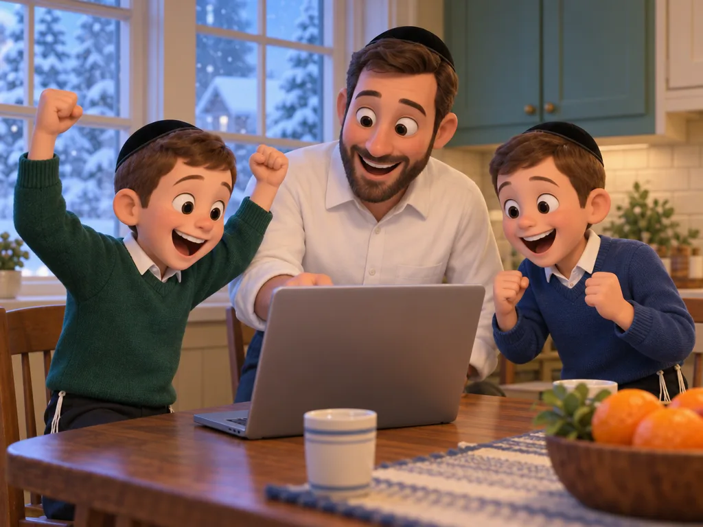 Snow outside the kitchen window: two boys cheer at the laptop with their father as they find out they're going to camp.